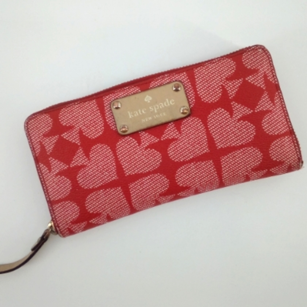 Kate Spade New York Red Saffiano Spade Print Zip Around Wallet 8 inches